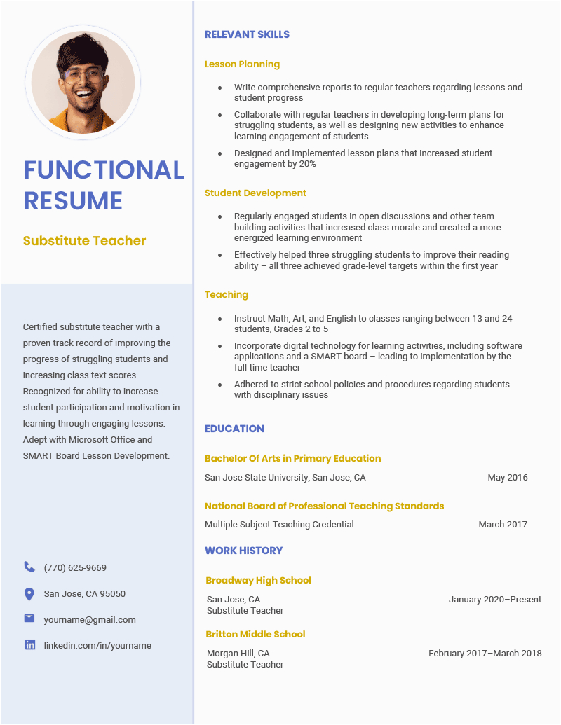 Functional Resume Sample for Substitute Teachers Functional Resume Template Examples and Writing Guide