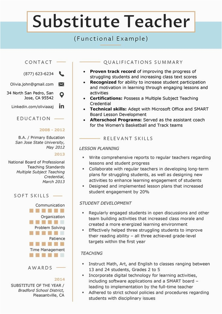 Functional Resume Sample for Substitute Teachers Substitute Teacher Functional Resume Example