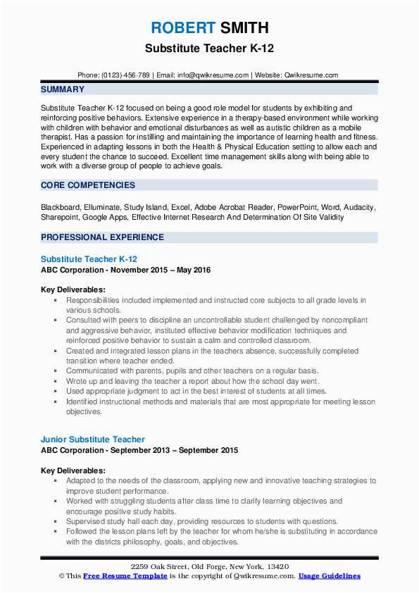 Functional Resume Sample for Substitute Teachers Substitute Teacher Resume Samples