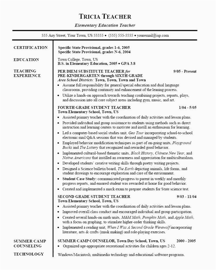 Functional Resume Sample for Substitute Teachers Substitute Teaching Resume Examples Resume Samples