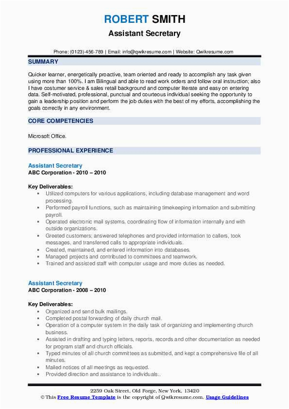 High Level Administrative assistant Resume Sample assistant Secretary Resume Samples