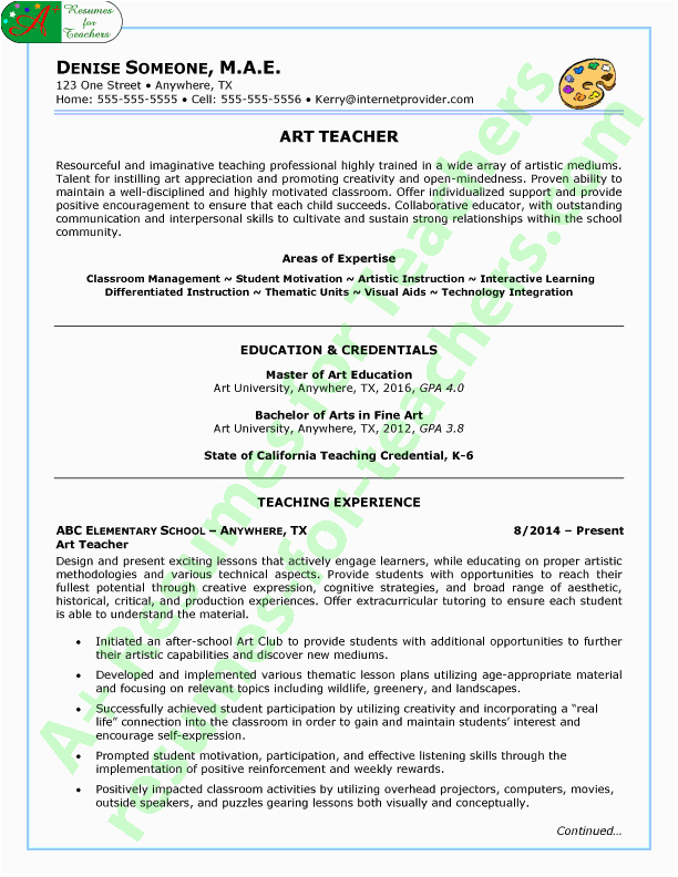 High School Art Teacher Resume Sample Art Teacher Resume Sample Page 1