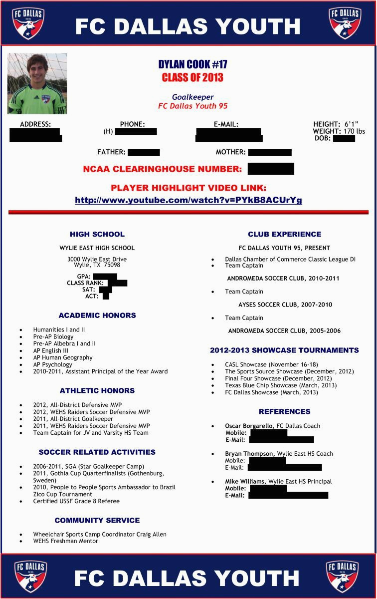 High School Football Player Resume Samples soccer Player Profile