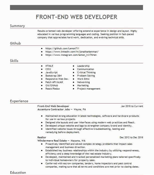 Junior Front End Web Developer Resume Sample Jr Front End Web Developer Resume Example Pany Name San Francisco