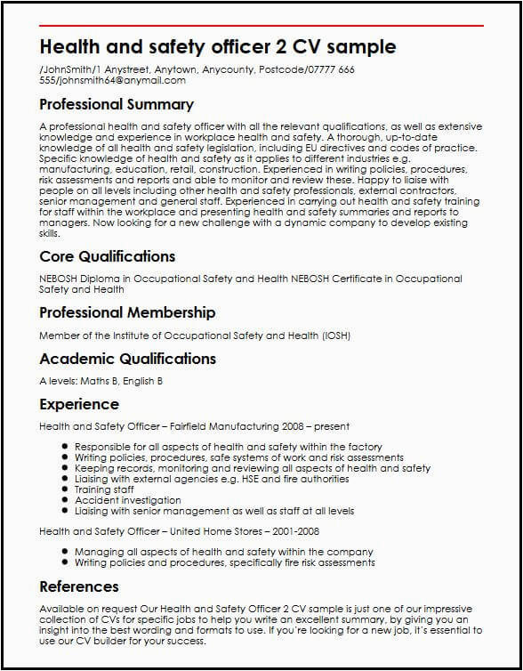 Occupational Health and Safety Officer Resume Samples Health and Safety Officer 2 Cv Sample