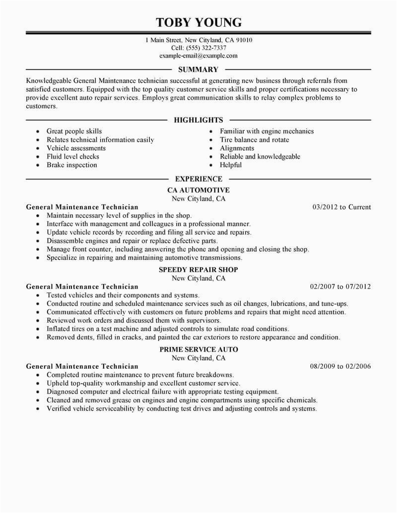 Operation and Maintenance Technician Resume Sample Monster Best General Maintenance Technician Resume Example From Professional