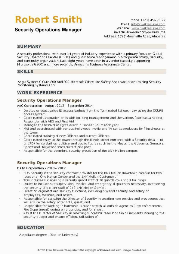 Operations Manager for Security Company Sample Resume Security Operations Manager Resume Samples
