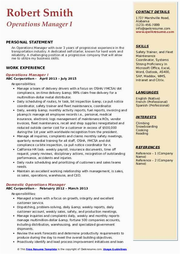 Operations Manager with One Year Experience Sample Resume Operations Manager Resume Samples
