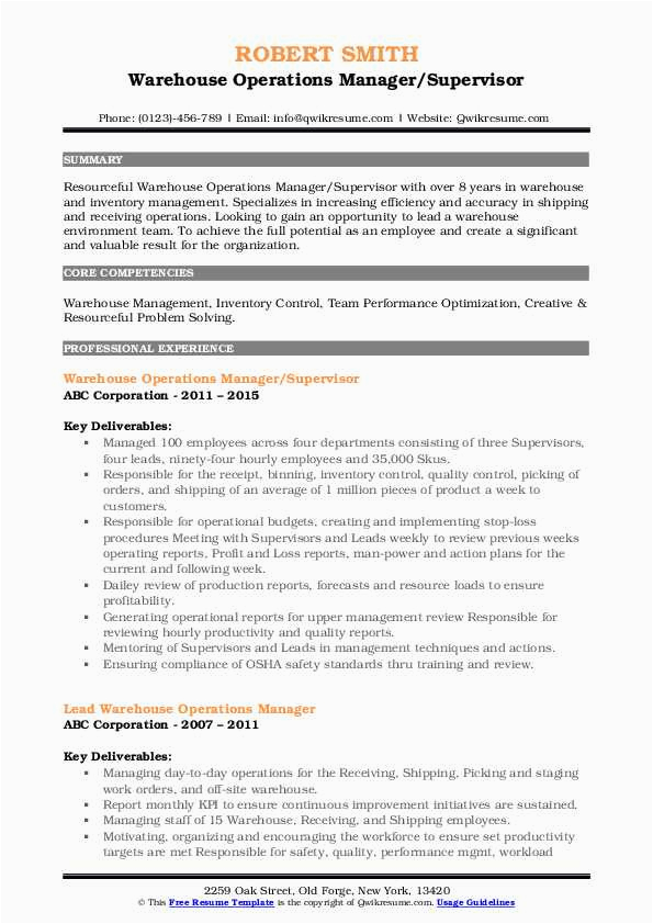 Operations Manager with One Year Experience Sample Resume Warehouse Operations Manager Resume Samples