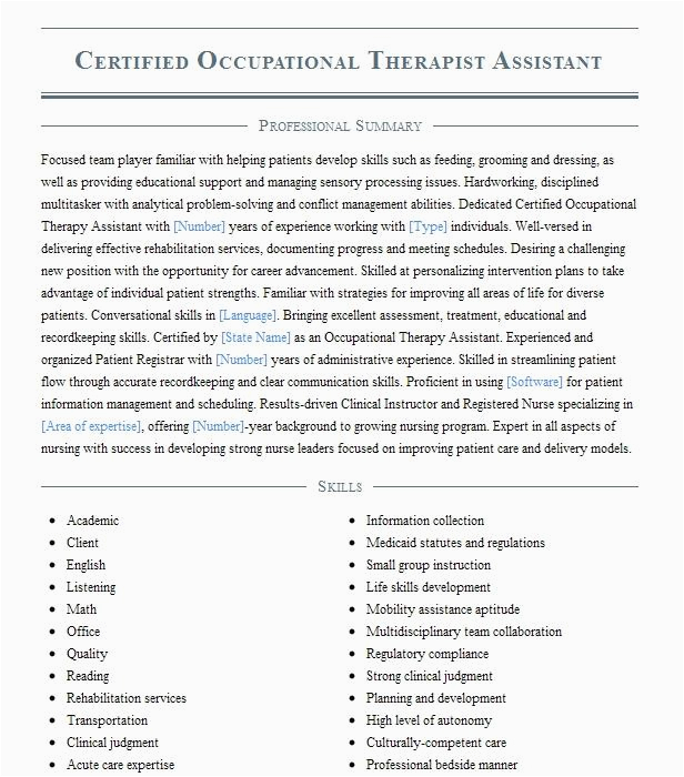 Prn Occupational therapy assistant Resume Sample Certified Occupational therapist assistant Cota Resume Example Corpus