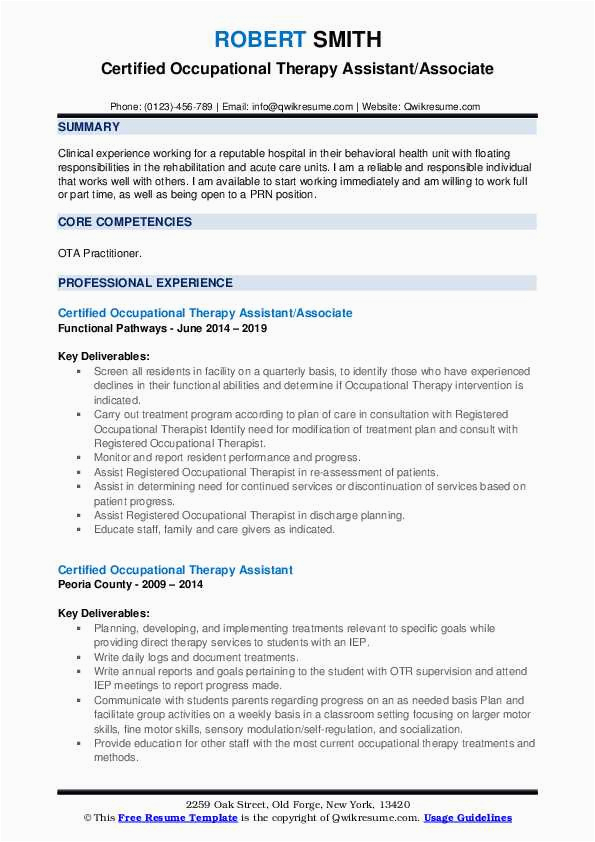 Prn Occupational therapy assistant Resume Sample Certified Occupational therapy assistant Resume Samples