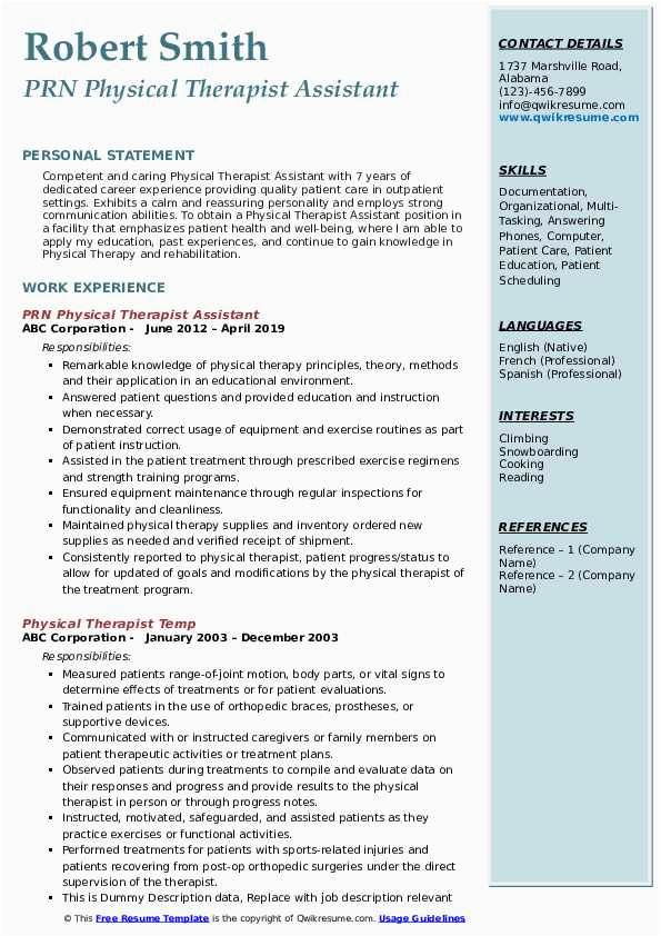 Prn Occupational therapy assistant Resume Sample Physical therapist assistant Resume Samples