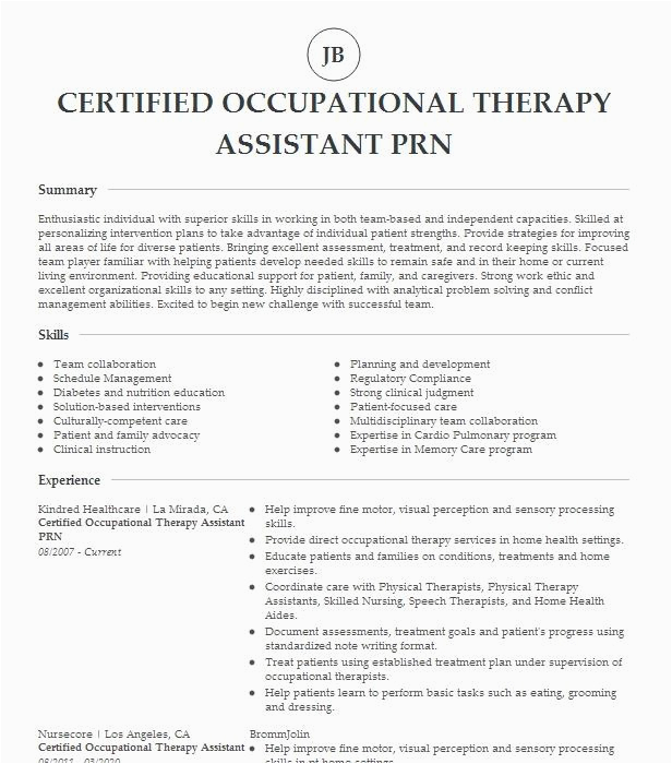 Prn Occupational therapy assistant Resume Sample Prn therapy Aide Resume Example University Maryland Medical Center