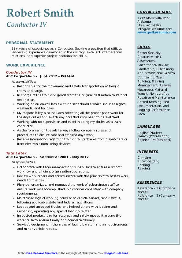 Resume for Dummies On the Job Training Conductor Sample Conductor Resume Samples