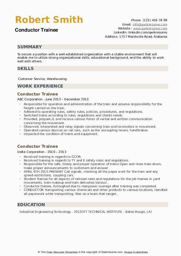 Resume for Dummies On the Job Training Conductor Sample Conductor Trainee Resume Samples