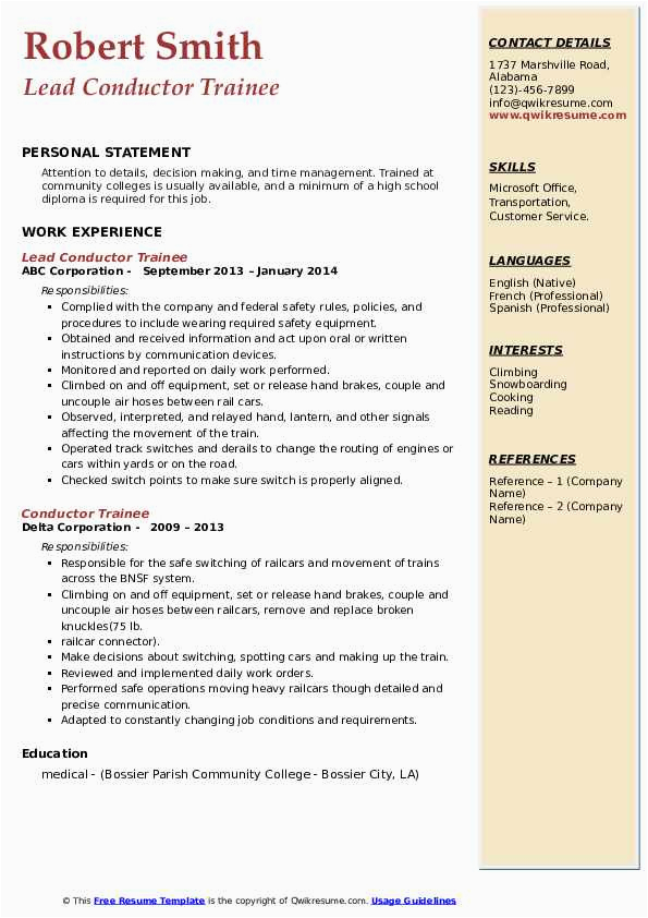 Resume for Dummies On the Job Training Conductor Sample Conductor Trainee Resume Samples