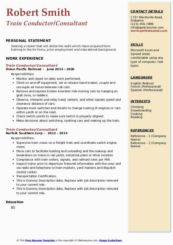 Resume for Dummies On the Job Training Conductor Sample Train Conductor Resume Samples