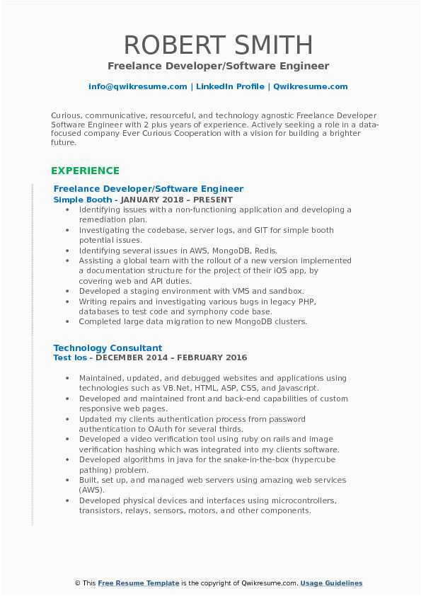Resume for Freelance software Developer Sample Freelance Developer Resume Samples