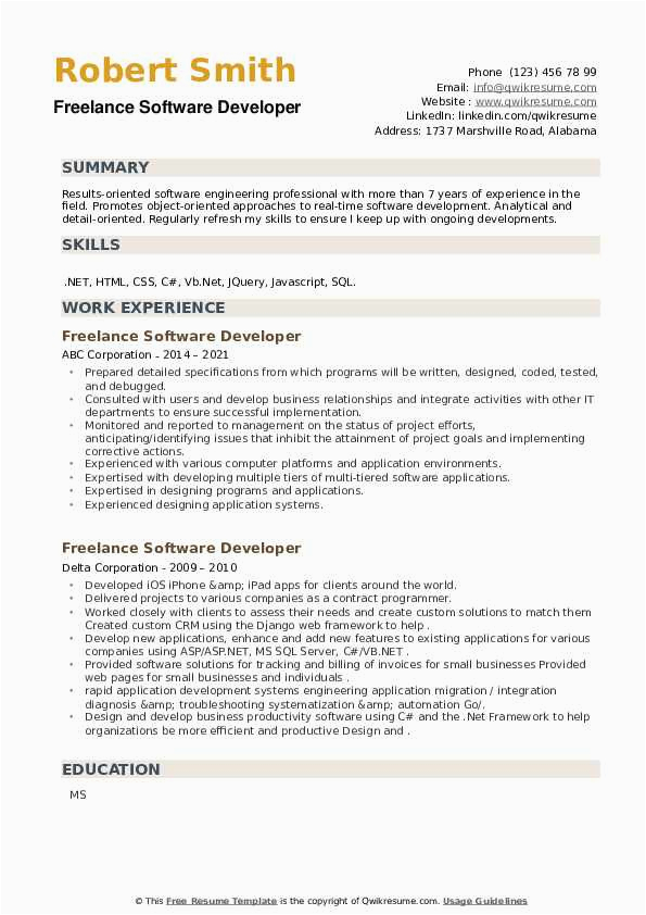 Resume for Freelance software Developer Sample Freelance software Developer Resume Samples