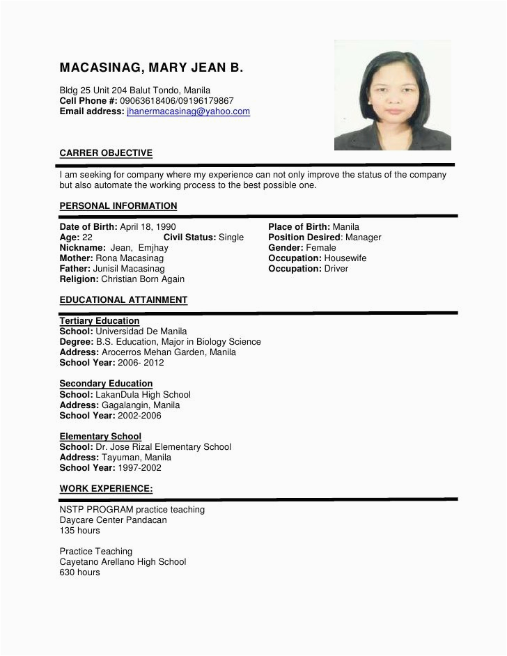 Resume format Sample for Job Application Sample Resume format for Job Application Application format