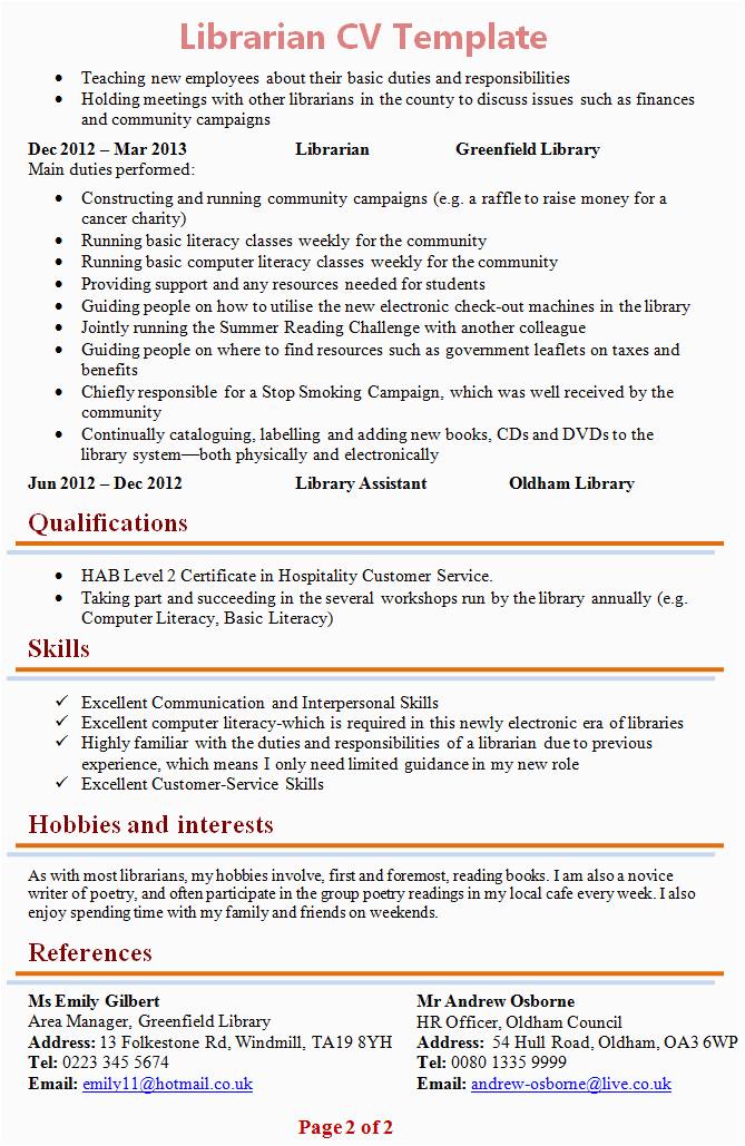Resume Sample for A Part Time Circulation Library Job Librarian Cv Template 2