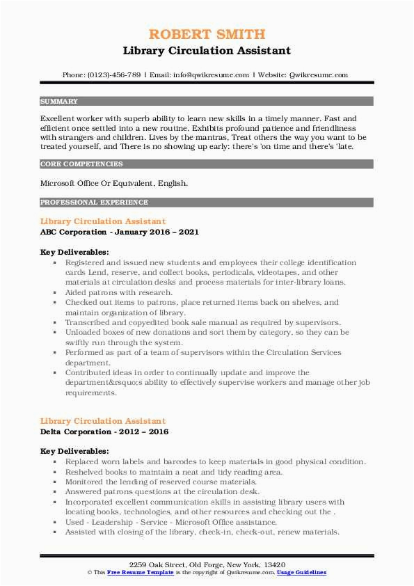 Resume Sample for A Part Time Circulation Library Job Library Circulation assistant Resume Samples