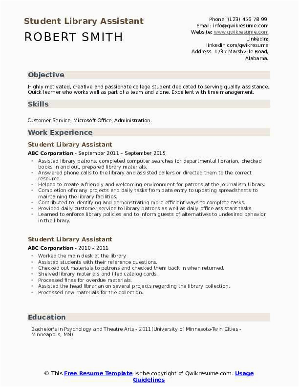 Resume Sample for A Part Time Circulation Library Job Student Library assistant Resume Samples