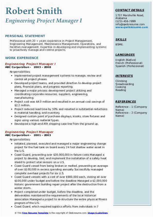 Resume Sample for A Project Manager In Engineering Engineering Project Manager Resume Samples