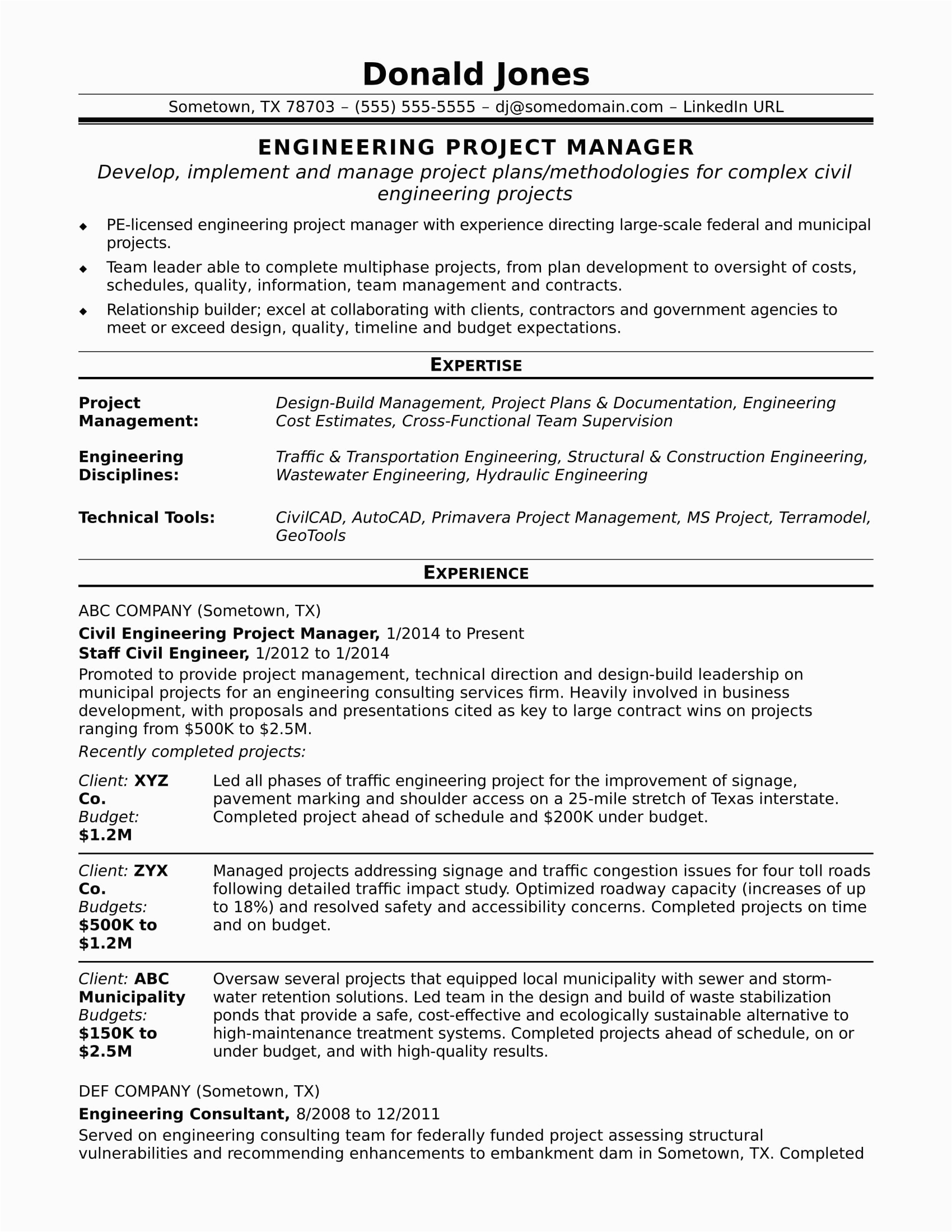 Resume Sample for A Project Manager In Engineering Sample Resume for A Midlevel Engineering Project Manager