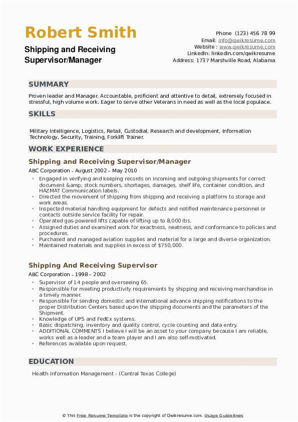Resume Sample for Shipping and Receiving Manager Shipping and Receiving Supervisor Resume Samples