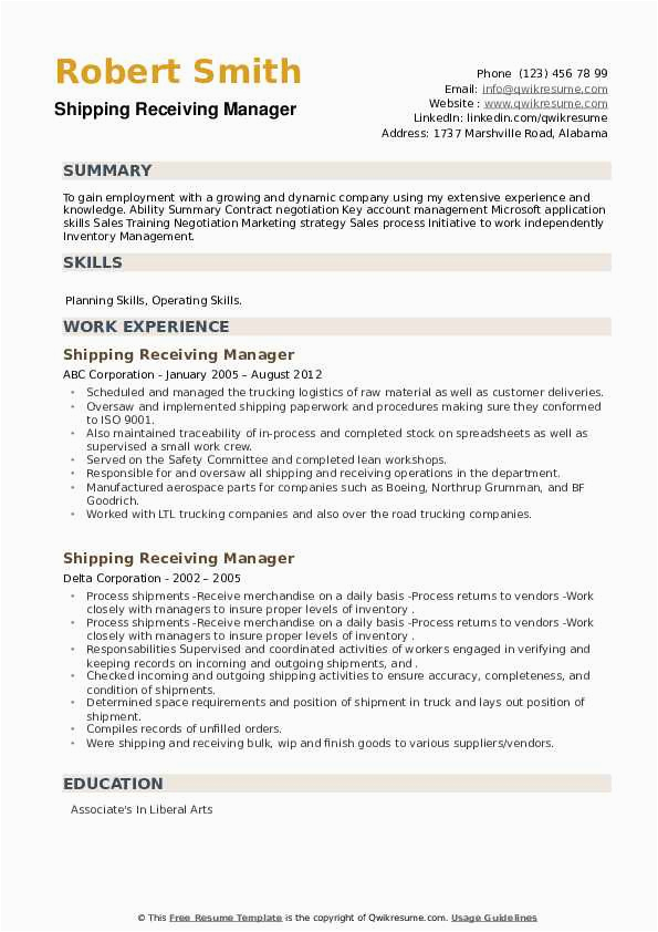 Resume Sample for Shipping and Receiving Manager Shipping Receiving Manager Resume Samples