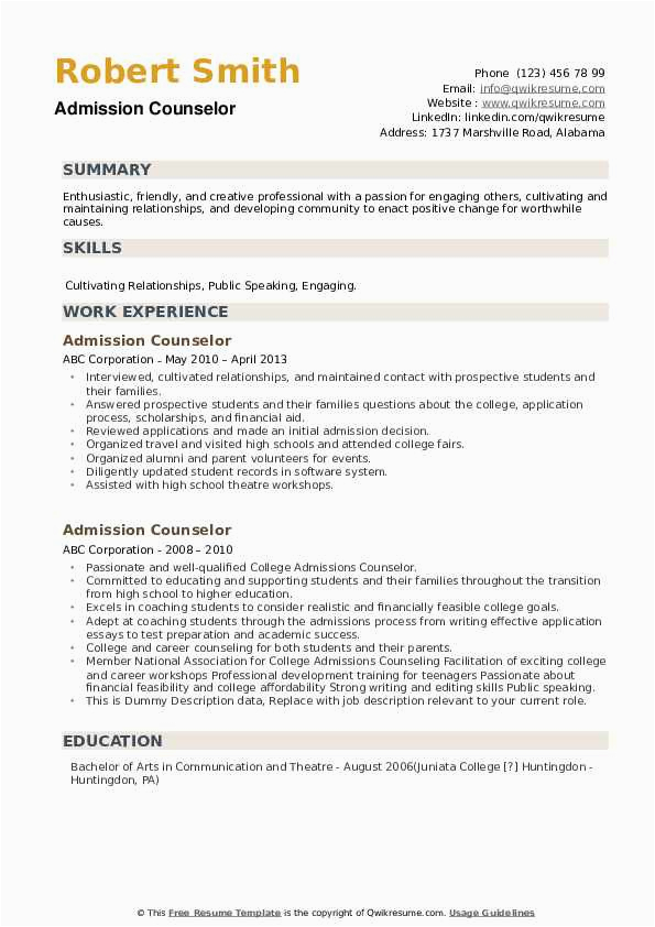 Resume Samples for An Admissions Counselor Admission Counselor Resume Samples