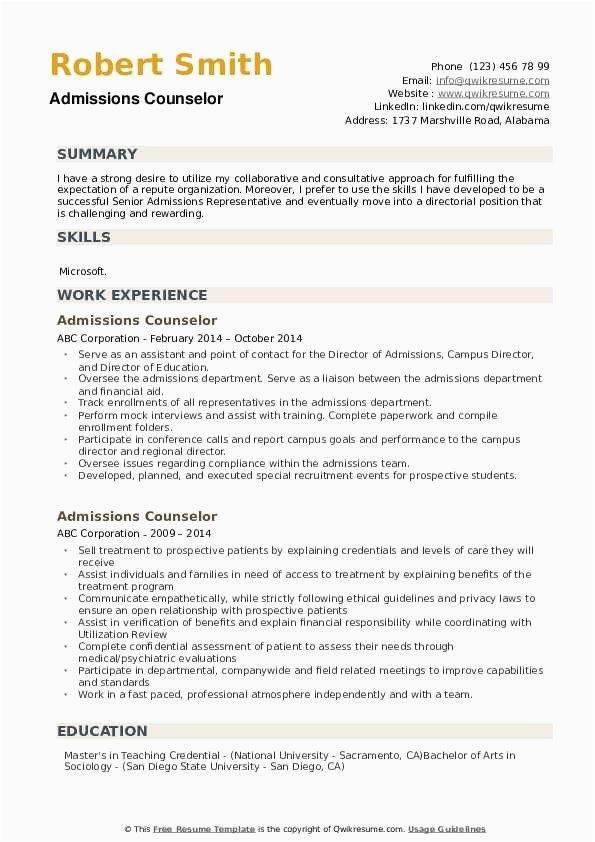 Resume Samples for An Admissions Counselor Admissions Counselor Resume No Experience™