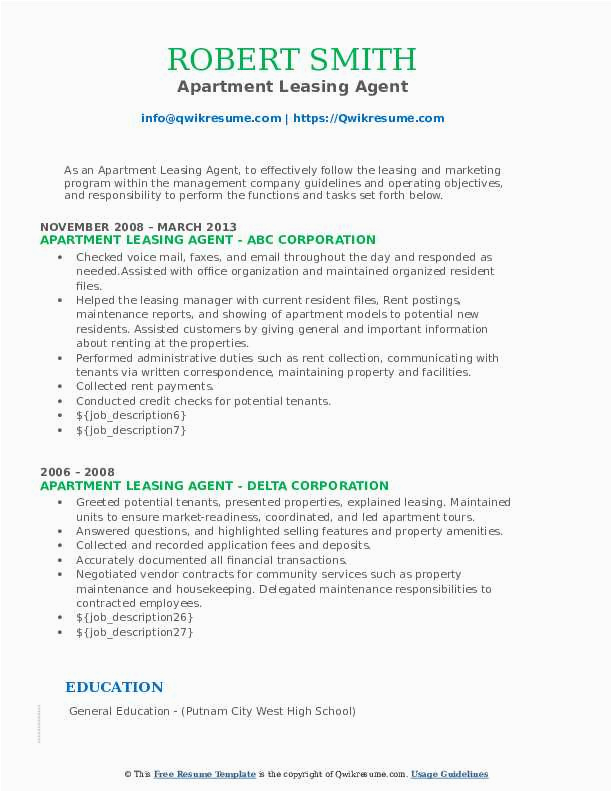 Resume Samples for Apartment Leasing Agent Apartment Leasing Agent Resume Samples