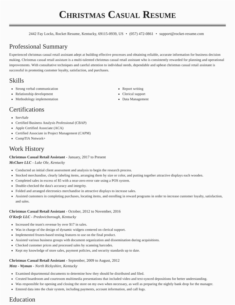 Resume Samples for assistant Retail Planner Christmas Casual Retail assistant Resumes