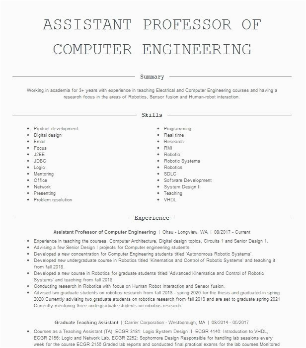 Resume Samples for asst Professor In Engineering College assistant Professor In Mechanical Engineering Resume Example Veermata