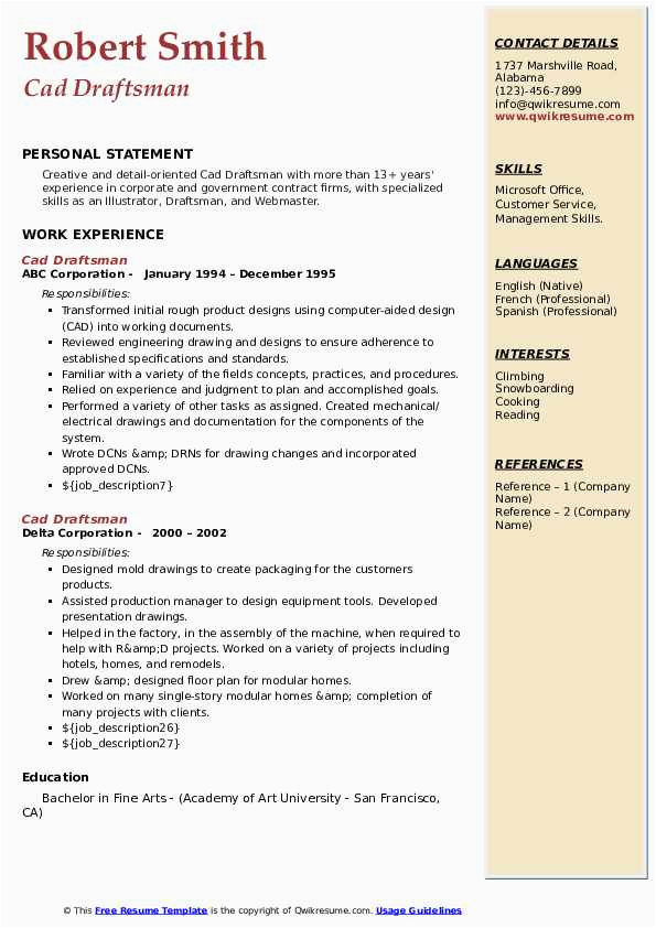 Resume Samples In Canada for Draftsman Cad Draftsman Resume Samples