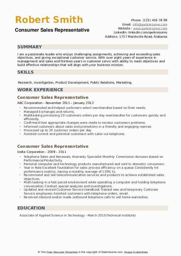 Sales Representative Resume Objective Sample Free Consumer Sales Representative Resume Samples