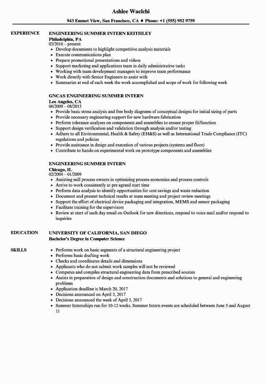 Sample Engineering Student Resume for Internship A Collection Of Resume Summary Examples for Engineering