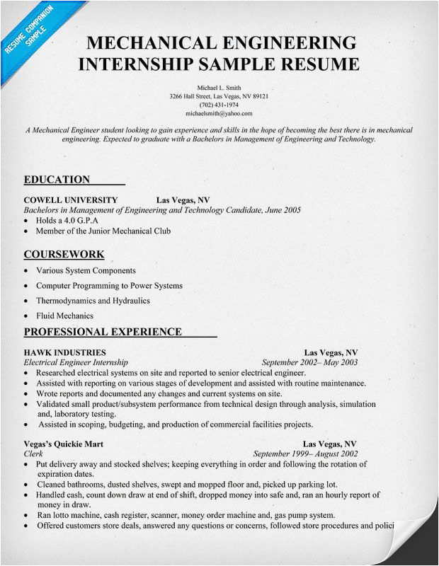 Sample Engineering Student Resume for Internship Mechanical Engineering Internship Resume Sample