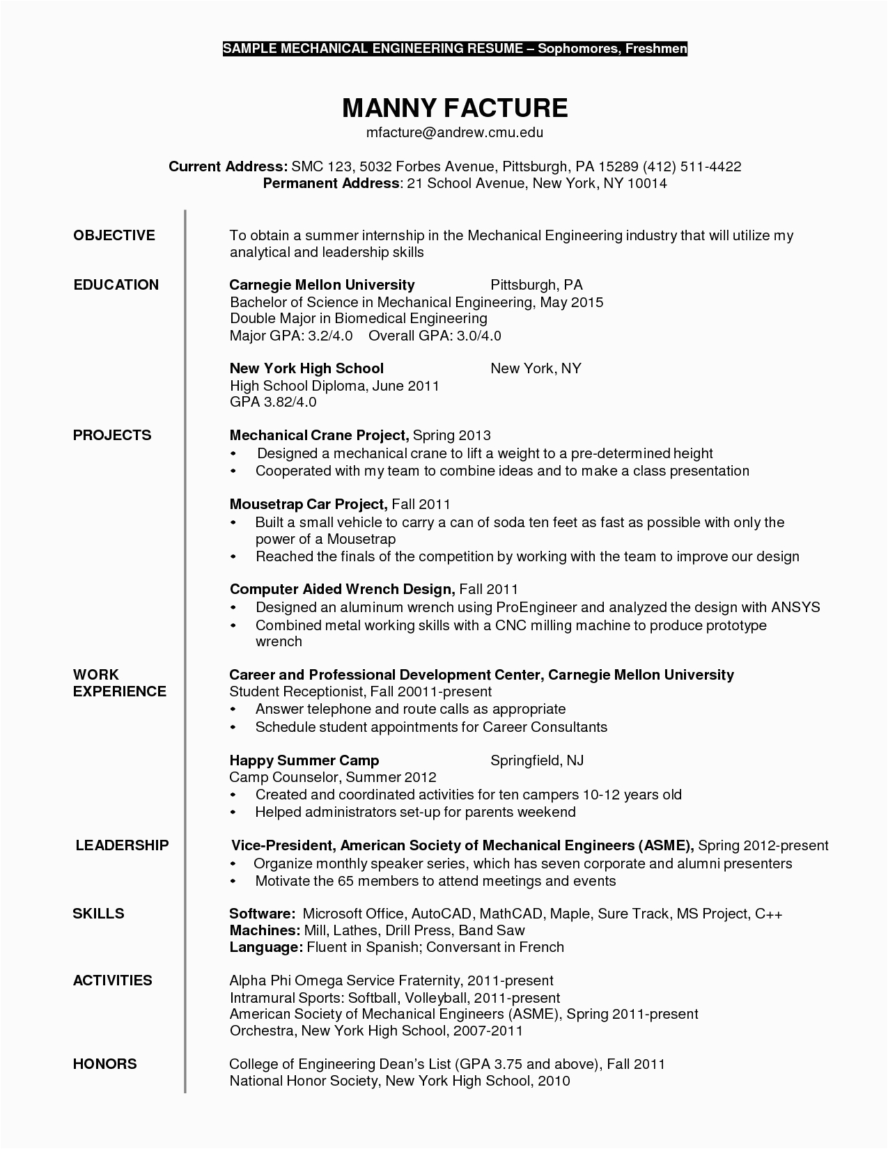 Sample Engineering Student Resume for Internship Mechanical Engineering Internship Resume Sle Sle