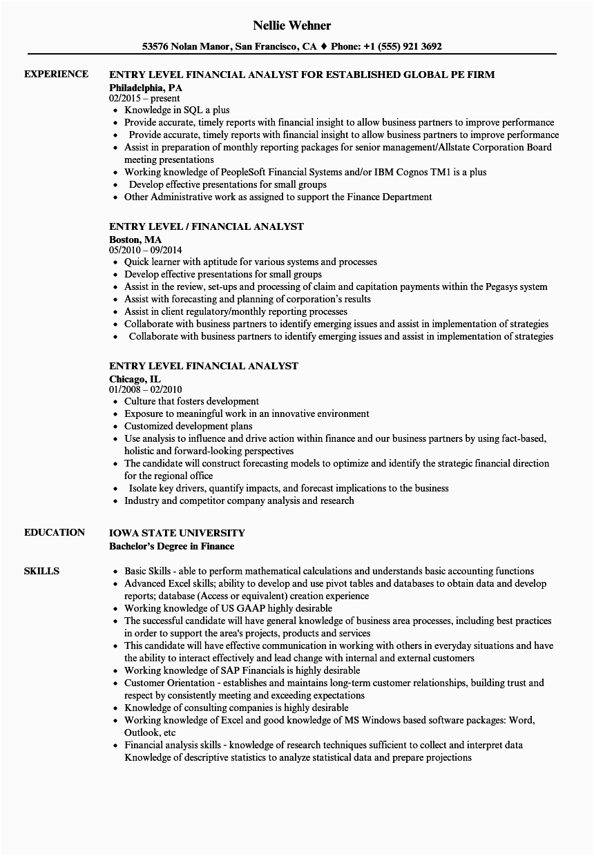 Sample Entry Level Accounting Resume No Experience Entry Level Financial Analyst Resume