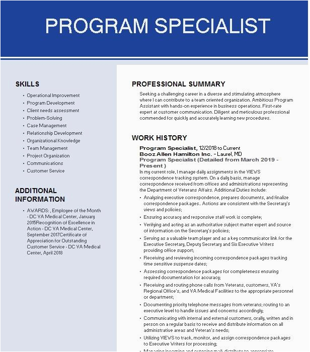 Sample Federal Resume for Program Specialist Program Specialist Resume Example Department Veterans