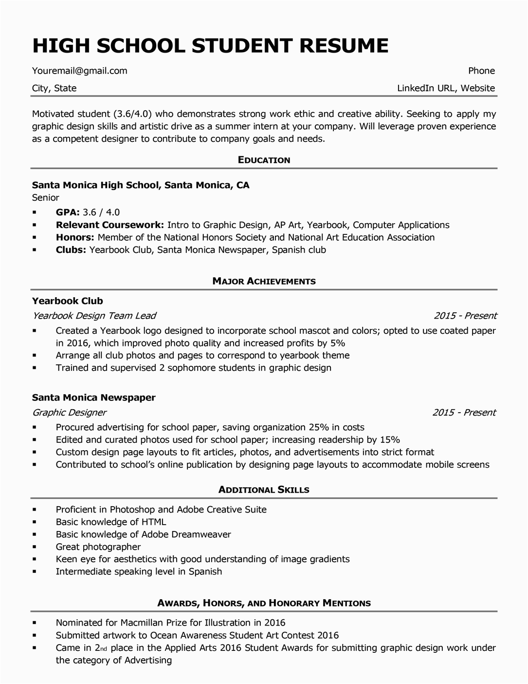 Sample First Time Resume for High School Student High School Resume Template & Writing Tips