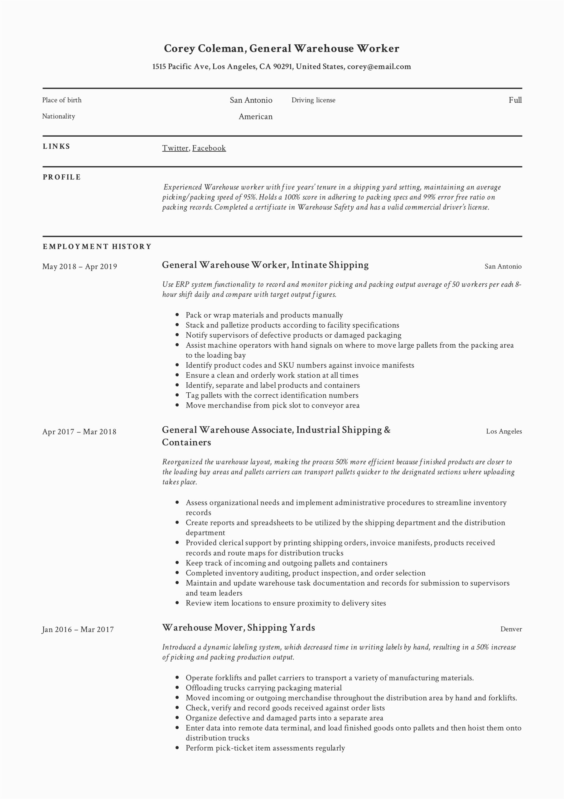 Sample General Professional Summary for Resume General Warehouse Worker Resume Guide