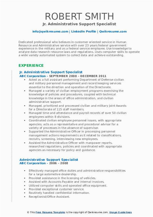 Sample Government Resume for Administrative Specialist Administrative Support Specialist Resume Samples