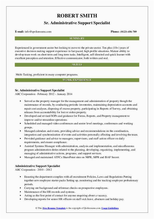 Sample Government Resume for Administrative Specialist Administrative Support Specialist Resume Samples