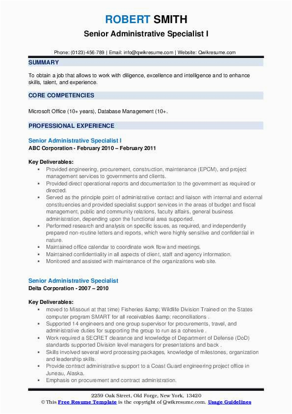 Sample Government Resume for Administrative Specialist Senior Administrative Specialist Resume Samples