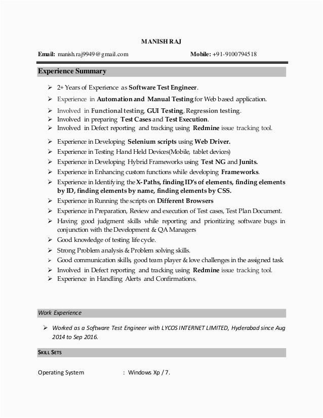Sample Manual Testing Resume for 4 Years Experience 25 software Test Engineer Resume 4 Years Geoff S Archive Collections