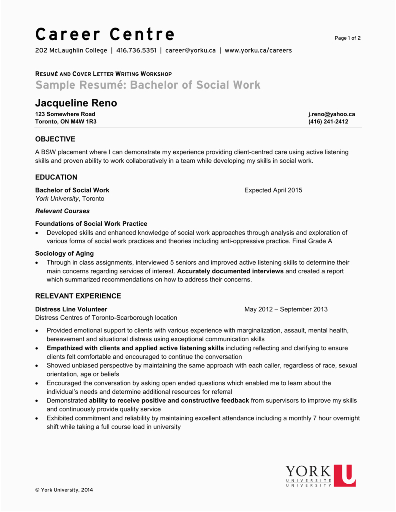 Sample Objectives for Resume with Bachelor S Degree Sample Sample Resumé Bachelor Of social Work Career Centre